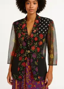 VTG 80s Judy Knappe California Floral Patchwork Sheer Blazer Jacket Womens Large