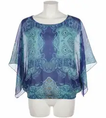 Dressbarn Kaftan Blouse XL Blue Teal Paisley Overlay Poncho Boho Resort Batwing