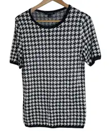 Ann Taylor Shimmer Black and White Houndstooth Short Sleeve Sweater size M