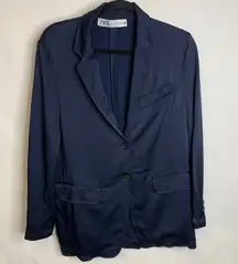 Zara Blue Satin Long Line Blazer Sz Small