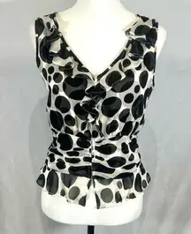 100% silk black and white peplum zip up designer blouse top size 8