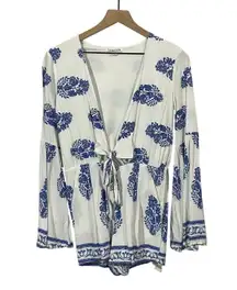 LoveRiche Front Tie Romper - White/Blue Print - Medium