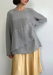 Donna Karan Vintage Long Sleeve Silk Blouse in Black & White Hounds tooth - M