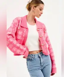 English Factory L Anthro Pink Houndstooth Crop Sweater Blazer