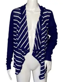 Chaser Sweater Women Medium Open Cardigan‎ Blue White Striped Hood Waterfall Hem