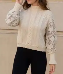 Womens White Floral Lace Cotton Crochet Knit Ruffle Mock Neck Sweater sz XL Chic