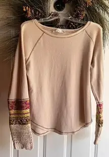 Chelsea and Theodore thermal Boho Oatmeal colored long sleeve crocheted …