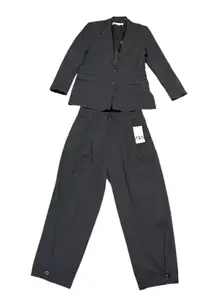 pinstripes double breasted black pantsuit