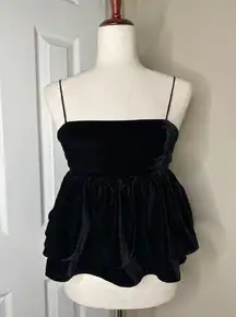 Urban Outfitters  Olivia Black Velvet Tiered Peplum Babydoll Cami Top Size Small