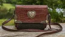 Women's Brown Leather Croc Print Heart Accent Multi- Compartment Crossbody Billf