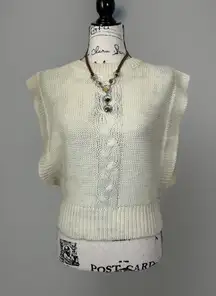 Ivory Cable‎ Knit Sweater Vest Sleeveless Cropped Top Tank Cottagecore
