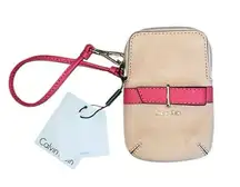 Calvin Klein NWT Tan & Watermelon Pink Leather Wristlet w/Pockets Inside & Out