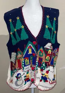 Belle Pointe NWT Women’s Size M Navy Christmas Village Scene Sweater Vest Winter