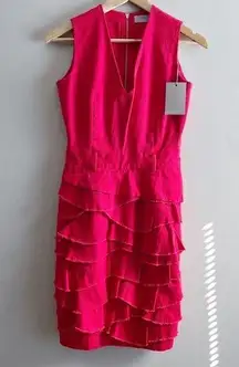 NWT Preen Line • Red Denim Tiered Ruffle Sheath V-Neck Dress, Size Medium