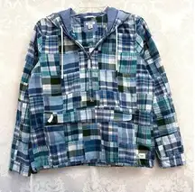 L.L. Bean Women’s Madras Blue/Green Plaid Pullover Anorak SIZE PETITE SMALL GUC