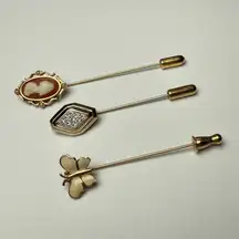 Signed Avon Lapel Stick Pin Gold Tone Lot Of 3 Cameo, Butterfly Etc