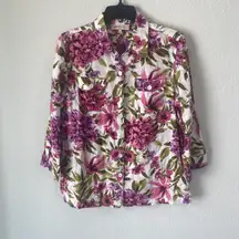 Floral 100% Linen Button Down Blouse Size M