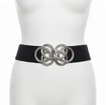 Belt L/XL Black Wide Elastic Cinch Silver Leaf Flower Buckle Retro Glam Goth