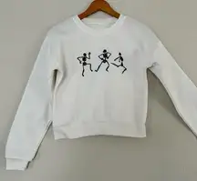 🦋 White Cropped Dancing Skeleton Crew Neck Sweatshirt Halloween Spooky Small
