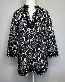 Brooks Brothers Black & White Floral Linen Cotton Tunic Top – Women’s Large