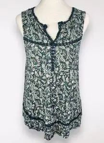 Sleeveless Floral Print Top Lace Accents Boho M