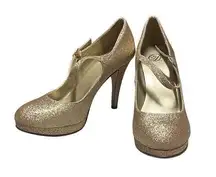 Delicious Tie Womens 9 High Heel Dancing Shoes Gold Sparkle Cruise Wear NIB