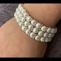 Three Strand Sterling Silver & Real Fresh Water Pearls Stretch Bracelet