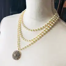 Handcrafted cream Czech Pearl genuine emerald gemstone clasp necklace