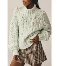 NWT Anthropologie Fisherman Knit Sweater Turtleneck Chunky Mint Womens Size XXS
