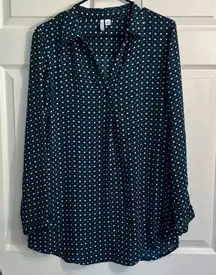 Elle button-up blouse navy blue with blue dots & white squares - Size medium