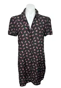 frame denim Frame Black Silk Floral Short Sleeve Button Up Collar Mini Shirt Dress Size S