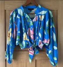 NWT Rachel Roy Cropped Blue Floral Button Down Smocked Tie Waist Blouse size XS​