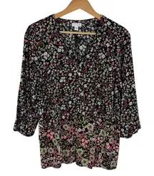 J Jill Black Floral Blouse Medium Multicolor Lightweight Boho Bloomcore Cottage