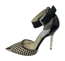 Michael Kors Black Houndstooth Pointed Toe Stiletto Heel Ankle Strap Sandals 8.5