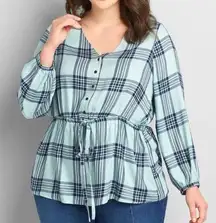 Lane Bryant  Illusions Lightweight Plaid Flannel Cinched Waist Top 24