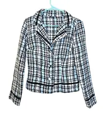 Ginger G. Size Small S Blue Blazer Tweed Black Big Button Coquette Business