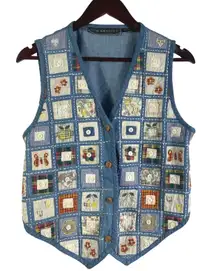 Vintage Patchwork Denim Vest New Identity Button Front Quilted Cottagecore L