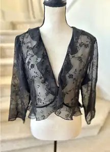 Vintage 90s Black Sheer Floral Ruffle Sparkle Cardigan Whimsygoth Regency Fairy