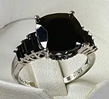 Black Spinel Sterling Silver Ring Square Cushion Baguette Statement 9.24ctw Sz 9