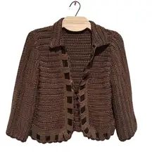 NIC + ZOE BROWN CROCHET KNIT SCALLOPED DETAIL CARDIGAN SWEATER L