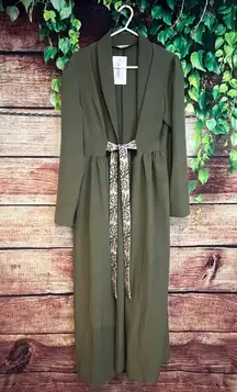 Boutique Floral Belted Duster Kimono Long Jacket Maxi Coverup Olive Green 8 Med