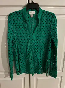 Calypso St Barth XS/S‎ Eyelet Tassel Top Emerald Green Long Sleeve Blouse Shirt