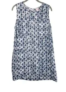 St. Tropez Womens Linen Tunic Tank Dress Sz 6 Blue White Geometric Sleeveless