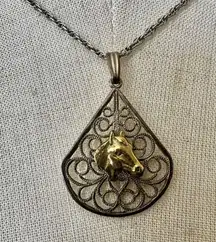 silver and gold tone horse teardrop pendant necklace