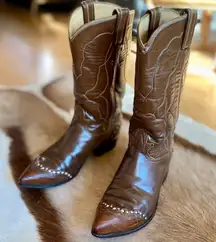 Vintage Tony Lama Western Boots Size 7 brown white stitching mid calf