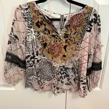 Anthropologie  Mathilda Floral Animal Print Abstract Embroidered Peasant Tunic