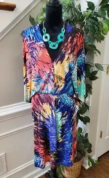 Fashion To Figure Women Multi Tie Dye Polyester V Neck Knee Length Dress Size 2X