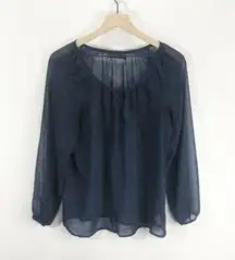 Seven 7 navy blue rose lace print sheer long sleeved blouse size M