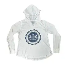 , small, white Penn State University, hooded, long-sleeve tee