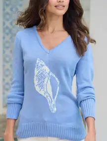 Seashell VNeck Sweater Light Blue Beach Coastal Nautical Knit Plus Size 1X